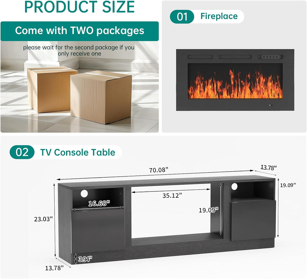 MXV 70' Fireplace TV Stand for TVs Up to 80', LED Light Entertainment Center with 36' Electric Fireplace, Modern Wood Texture TV Media Console with Highlight Storage Cabinet, Black-Black