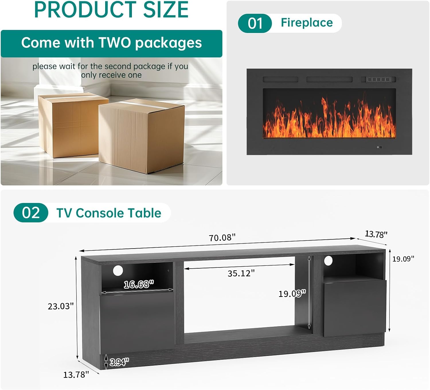 MXV 70' Fireplace TV Stand for TVs Up to 80', LED Light Entertainment Center with 36' Electric Fireplace, Modern Wood Texture TV Media Console with Highlight Storage Cabinet, Black-Black