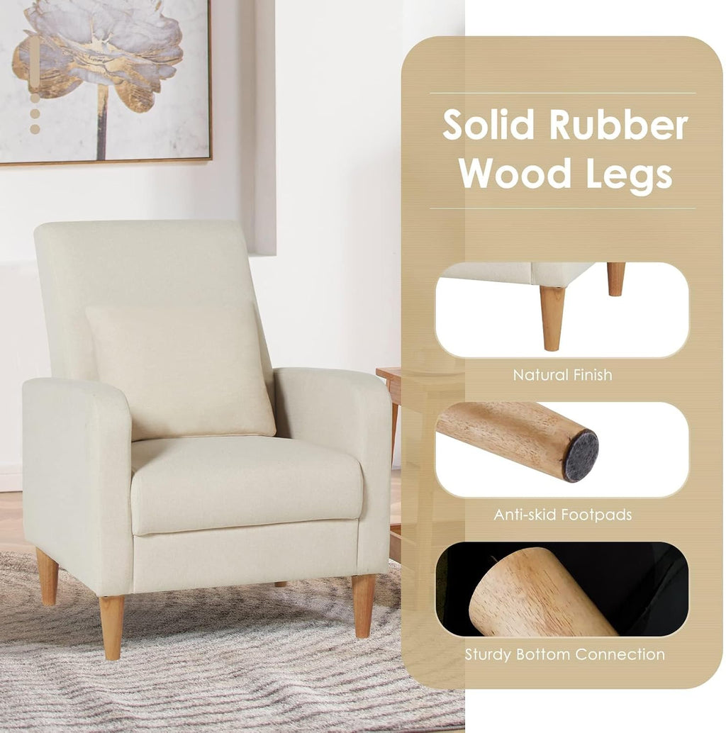 COLAMY Mid-Century Modern Upholstered Accent Chair with Back Pillow & Solid Wood Legs, Fabric Cozy Armchair for Living Room, Bedroom, Reading Nook, Apartment & Small Spaces, Beige