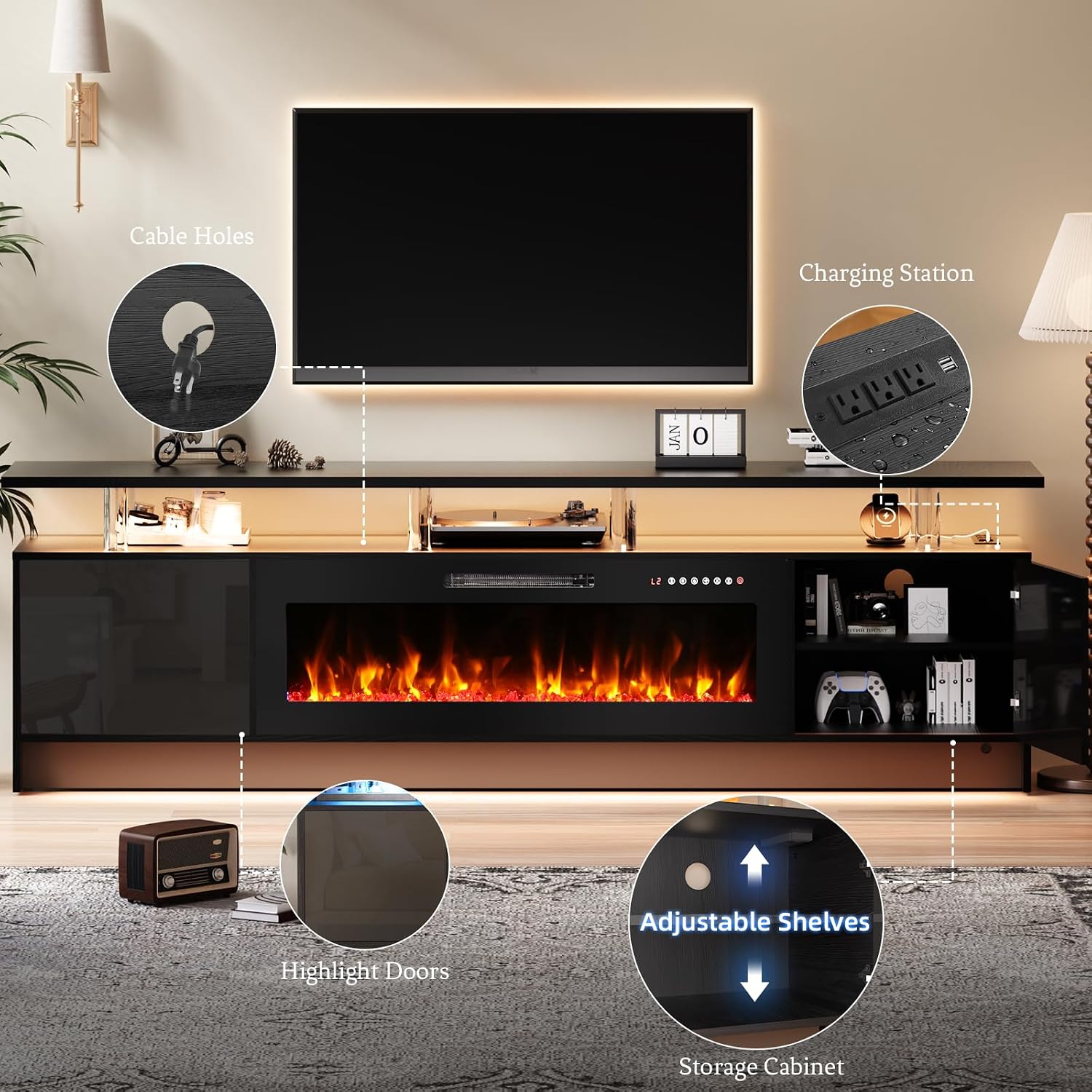Kucreiheat Fireplace TV Stand for 70-90 inch TV, Large Entertainment Center with Fireplace,Power Outlet & LED Lights,High Gloss Living Room Storage Cabinet, Black, 80''(High)