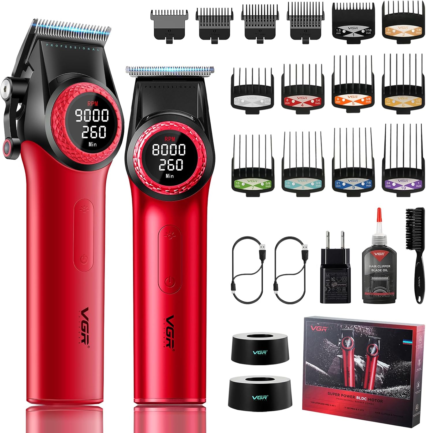 VGR 001 & 977 Professional Hair Clippers for Men, Cordless Barber Clippers and Zero Gap Trimmers Set, DLC Coating Blade Hair Cutting Kit with LED Display, USB Rechargeable Barber Set(Red)