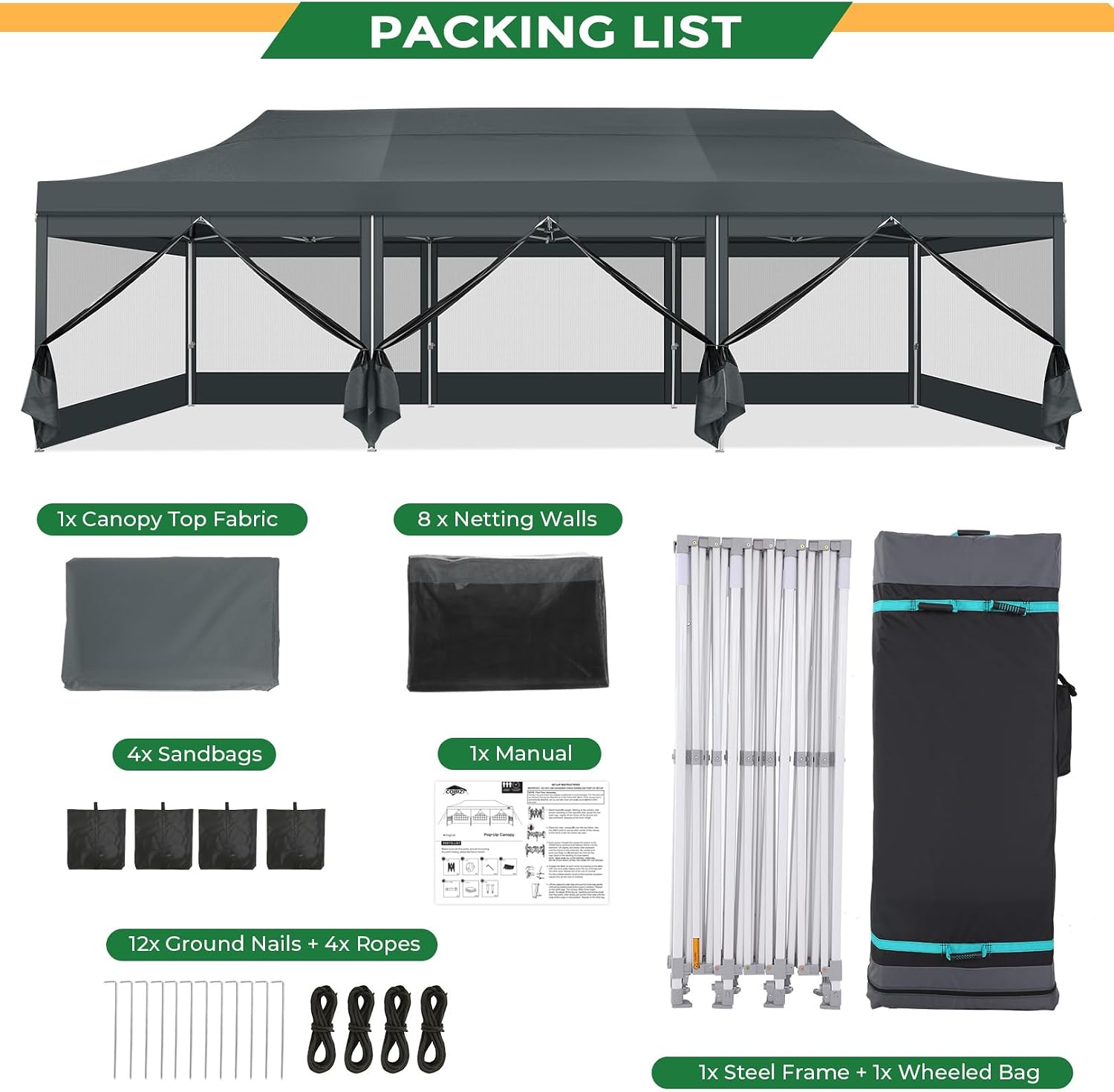 COBIZI 10x30 Heavy Duty Pop Up Canopy Tent with 8 Sidewalls, Easy Set Up Outdoor Waterproof Screen Commercial Party Tent with Mosquito Netting for Parties Backyard Patio, Roller Bag, Gray