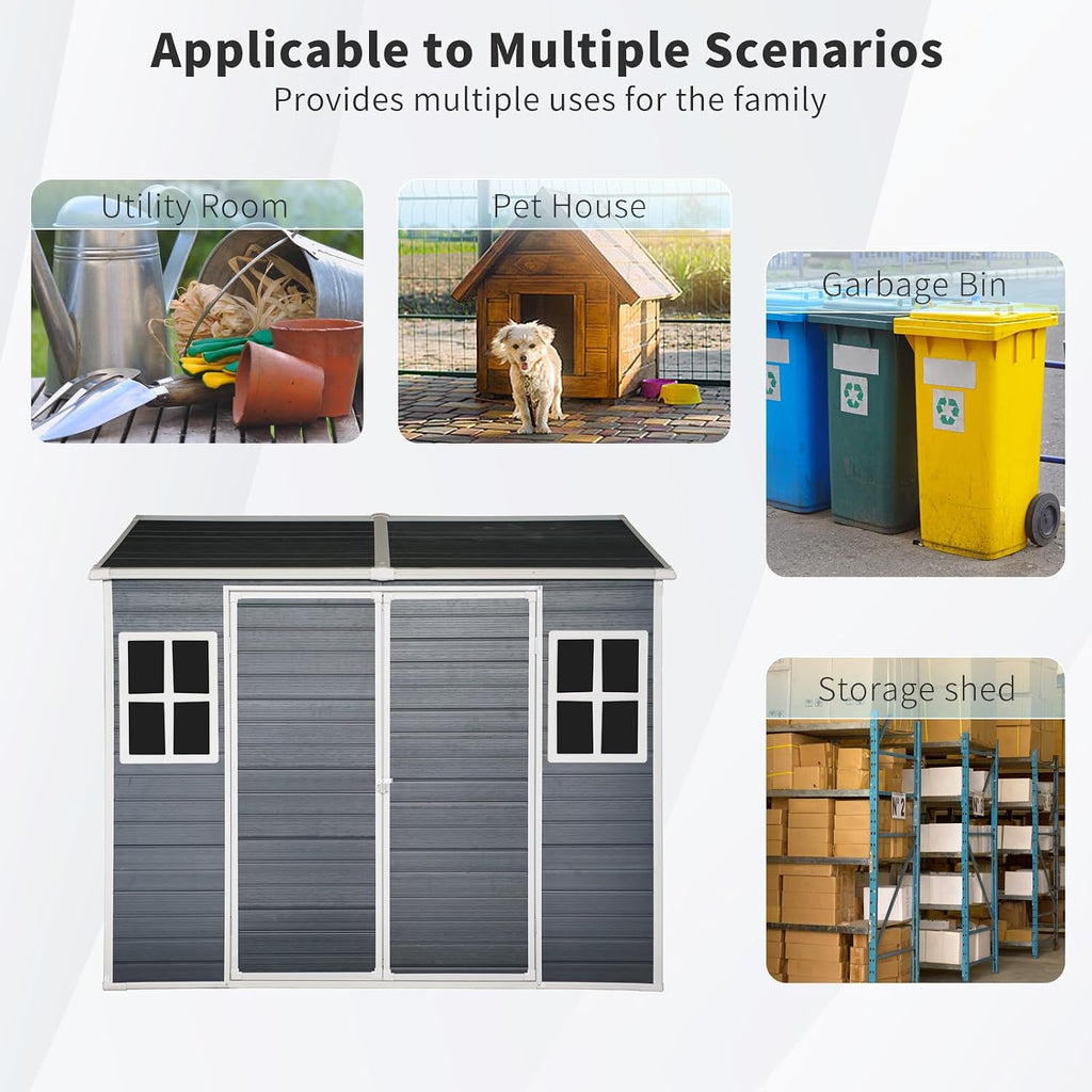 8x6 ft Outdoor Resin Storage Shed with Floor, Waterproof Plastic Garden Shed with Lockable Door and Two Windows, All-Weather Tool Sheds for Backyard, Patio, Lawn (Black)