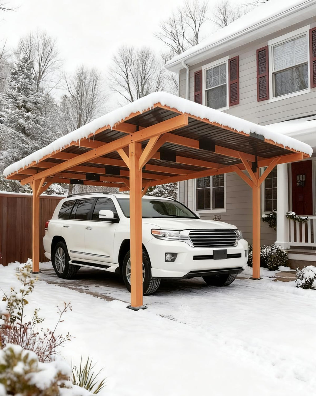 18.3 x 12.6 x 7.8 FT Carport, Wood Outdoor Gazebo Pavilion with Hardtop Sloped Steel Roof, Heavy Duty Waterproof Car Port for Backyard, Patio, Deck and Lawn