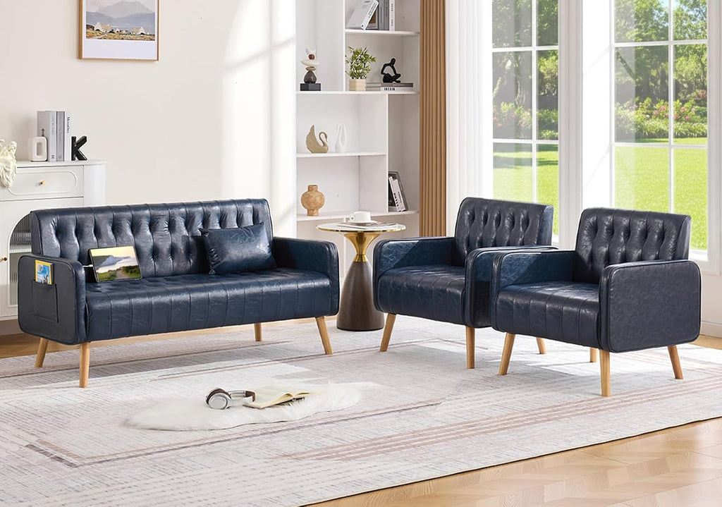Blue Leather Loveseat and Accent Chair Set of 2, Small Couch w/USB Charging & Pockets, Mid Century Modern Tufted Love Seat and Chair Set, Mini Office Sofa for Living Room, Apartment