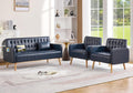 Blue Leather Loveseat and Accent Chair Set of 2, Small Couch w/USB Charging & Pockets, Mid Century Modern Tufted Love Seat and Chair Set, Mini Office Sofa for Living Room, Apartment