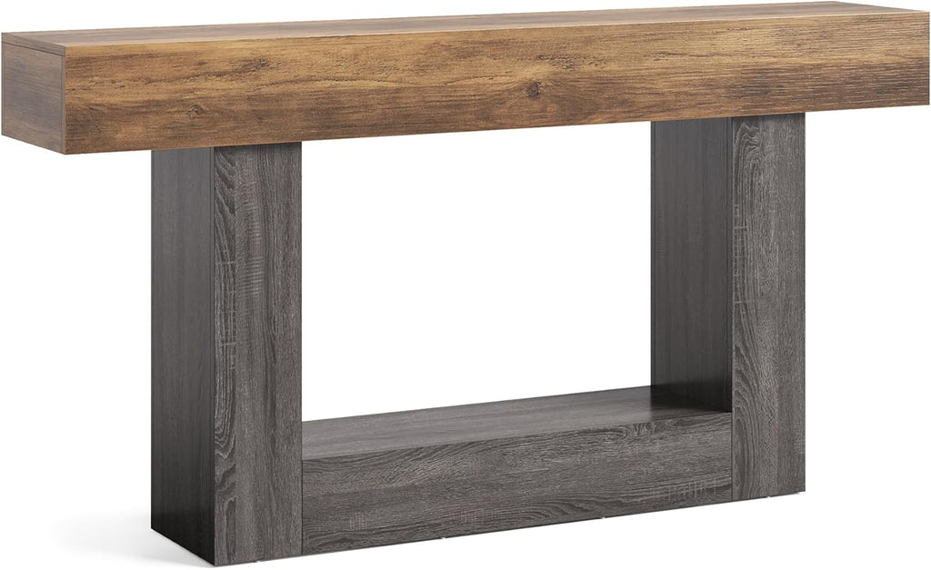 LITTLE TREE 63 Inches Long Console Table, 2-Tier Farmhouse Sofa Table Behind Couch, Large Narrow Entryway Table for Living Room, Wooden Hallway Foyer Table with Heavy Duty Base, Rustic Brown and Grey