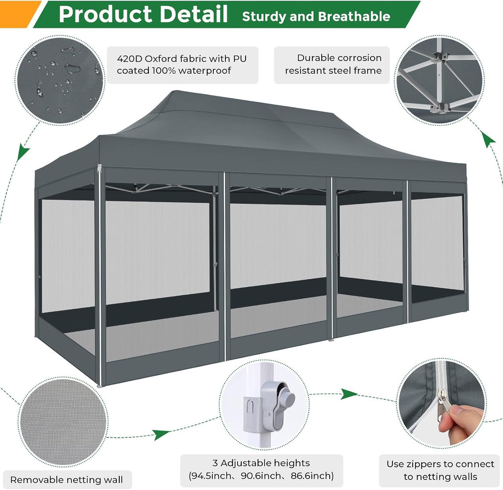 COBIZI 10x20 Heavy Duty Pop Up Canopy Tent with 6 Sidewalls, Easy Set Up Outdoor Waterproof Screen Commercial Party Tent with Mosquito Netting for Parties Backyard Patio, Roller Bag, Gray