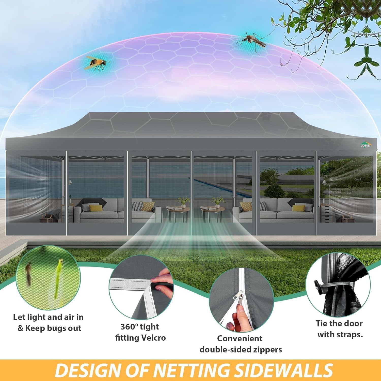 COBIZI 10x30 Pop Up Canopy with Sidewalls, Heavy Duty Canopy with Mosquito Netting, Easy up Screen Party Tents for Parties Backyard Outdoor Commercial Event Gazebo with Roller Bag, Sandbags, Gray