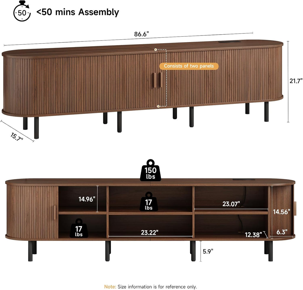 ONBRILL 86.6' TV Stand with Power Outlet for TVs up to 90 Inch, Entertainment Center with Storage and Adjustable Shelves, Modern Media Console with Sliding Doors for Living Room, Walnut
