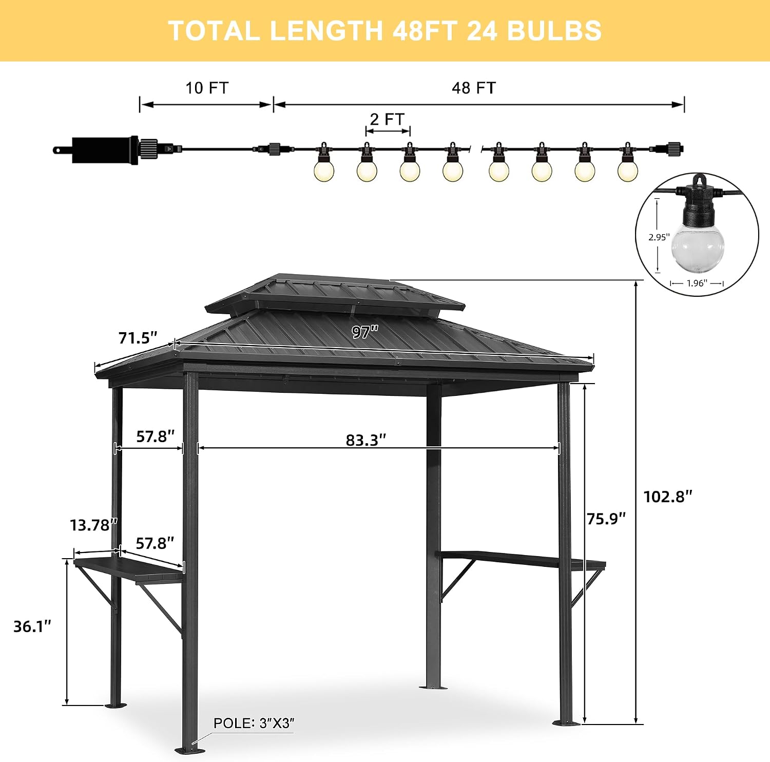 PURPLE LEAF 6' X 8' Hardtop Grill Gazebo for Patio Aluminum Barbeque Gazebo Canopy with 24 Clear Light Bulbs and Shelves Double Tiered Grey Outdoor BBQ