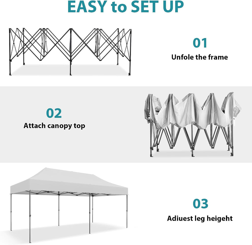 GDY 10x20 ft Instant Pop up Canopy, Folding Heavy Duty Height Adjustable Shelter Gazebos with Wheeled Bag,White.