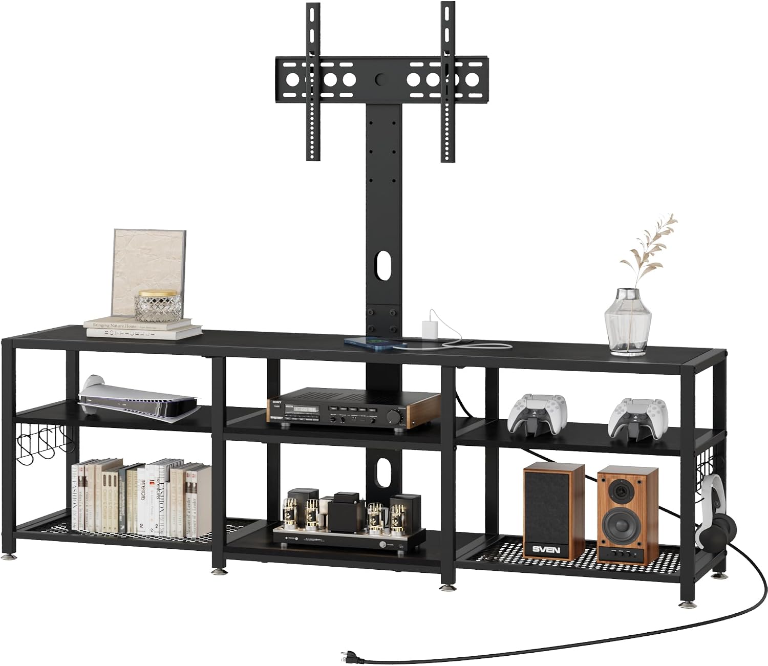 VECELO TV Stand with Mount and Power Outlets, Entertainment Center for 60/65/70/75/80 inch TVs, Height Adjustable Media Console with Storage Shelves, for Living Room, Bedroom, Black