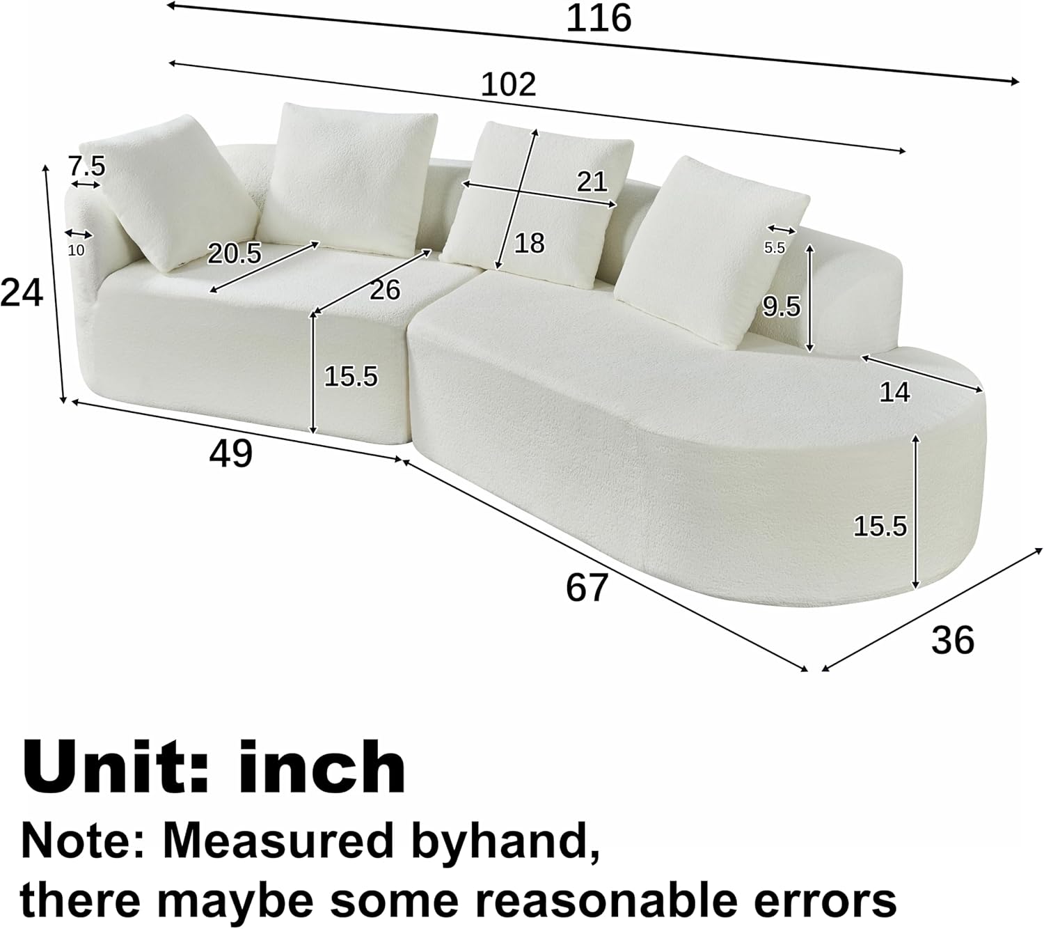 Merax 116' Curved Polyester Sectional Sofa, Modern Pearl Upholstery 3 Seat Cloud Couch with Chaise Lounge & 4 Pillows for Living Room, Beige