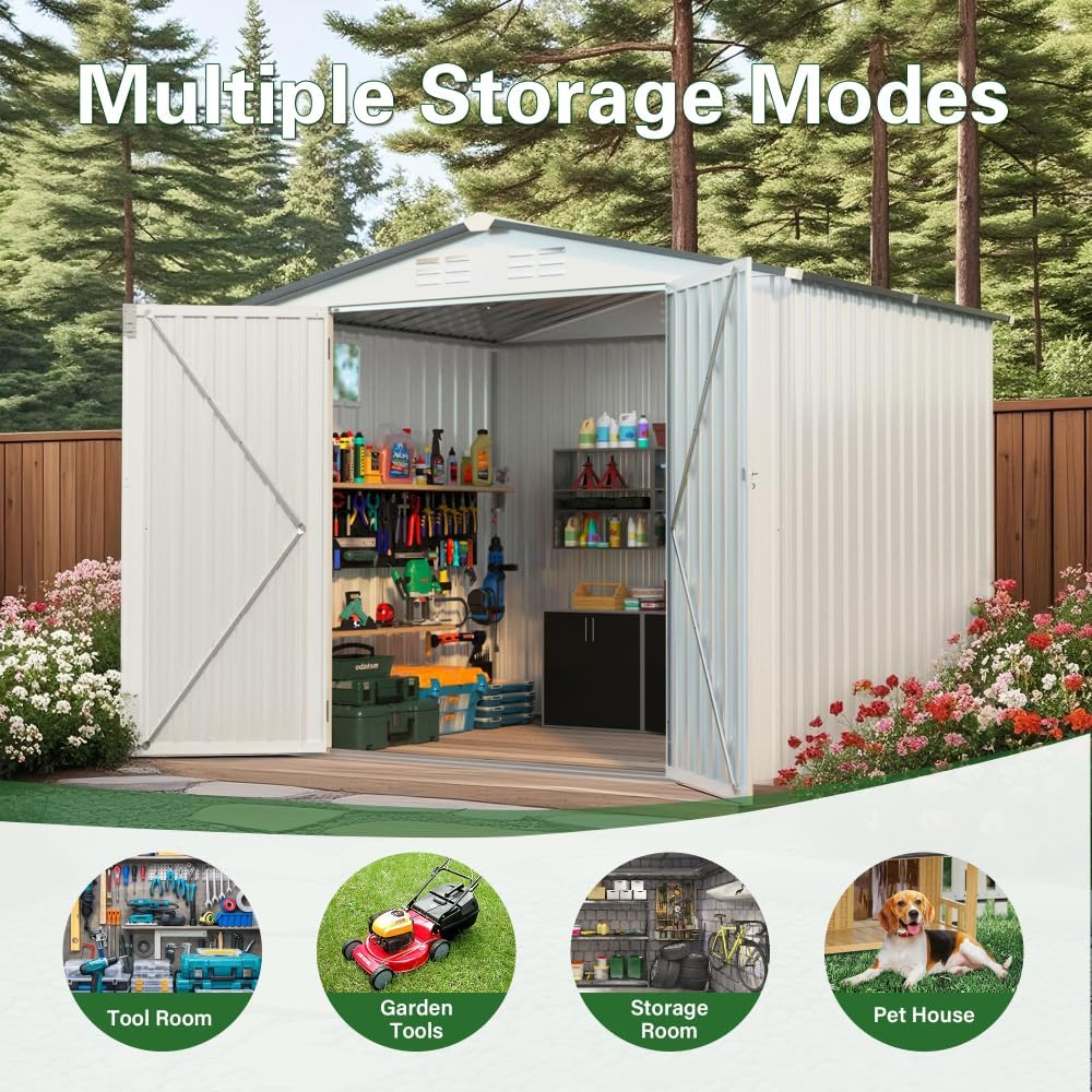 8X6 FT Metal Outdoor Storage Shed with Window & Vents, Waterproof Garden Tool Shed with Lockable Door & Pitched Roof, Durable Steel Bike Storage for Yard, Patio, White & Gray