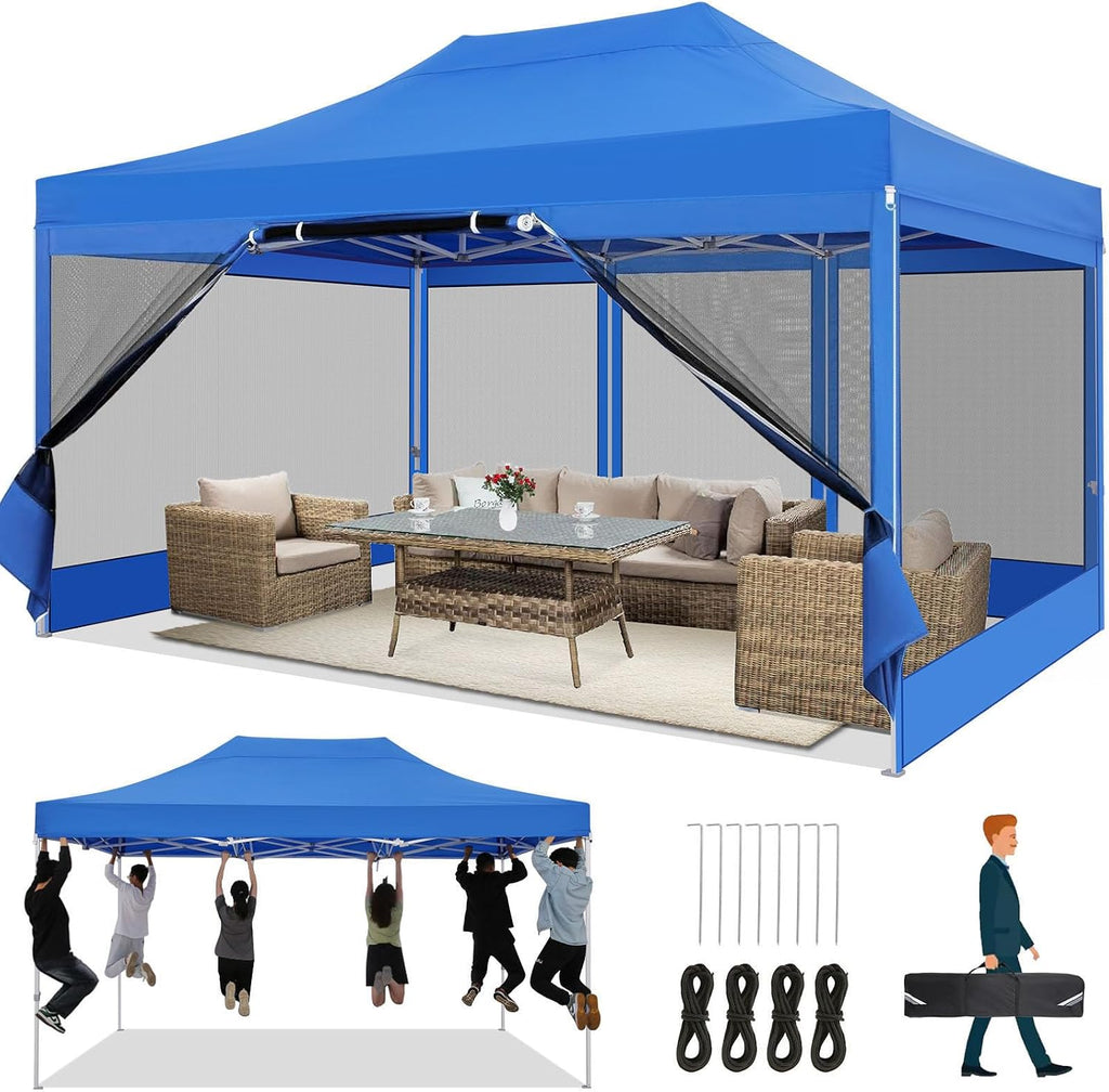 COBIZI 10x15 Heavy Duty Pop Up Canopy Tent with 4 Sidewalls, Commercial Gazebo Party Tent with Mosquito Netting Wall Easy Set Up Outdoor Instant Screen Tent for Backyard, Patio, Garden, Blue