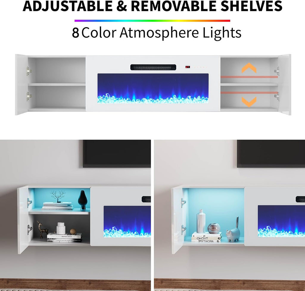AMERLIFE Floating TV Stand with 36' Electric Fireplace, High Gloss Finish Wall Mounted Fireplace Entertainment Center with Storage for TVs Up to 78', All White