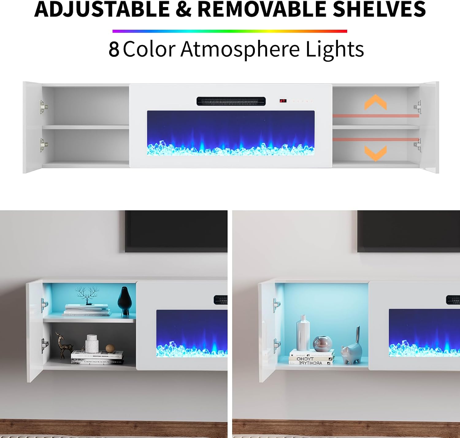AMERLIFE Floating TV Stand with 36' Electric Fireplace, High Gloss Finish Wall Mounted Fireplace Entertainment Center with Storage for TVs Up to 78', All White