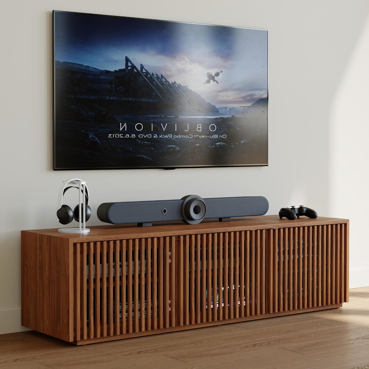 POVISON Full Assembled Mid Century Modern TV Stand, 59.06' Wood Slatted Media Console for 55 inch TV, Entertainment Center with Storage for Living Room, Low Cabinet with Removable Shelves