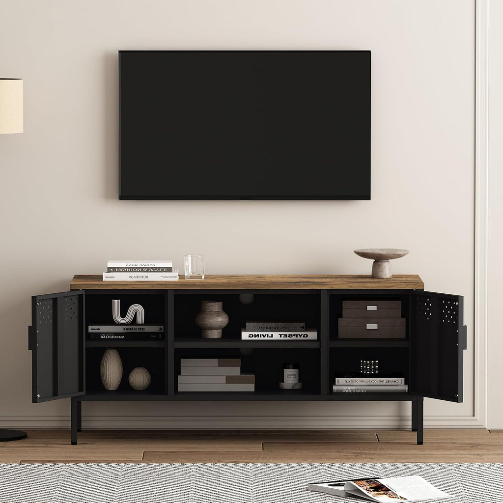 Manhattan Comfort Landen 47' Modern Metal TV Stand with Storage Cabinets & Open Shelves, Holds Up to 40' Screen, TV Console with Natural Wood Top, Cable Management, Adjustable Legs, Black