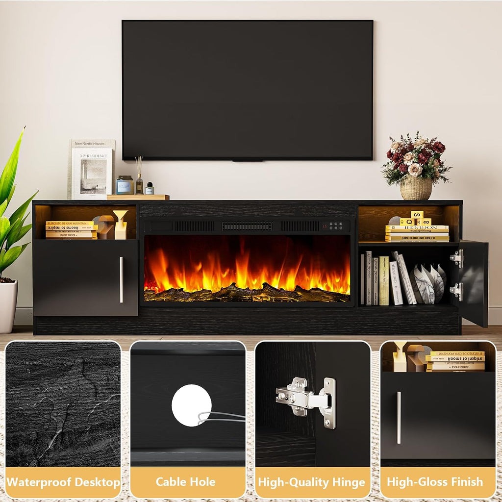 Tavata Fireplace TV Stand Entertainment Center with 36' Fireplace, 70' Wooden TV Stand for TVs Up to 80', Media TV Console with High Gloss Storage Cabinet and 16 Colors LED Lights (Black)
