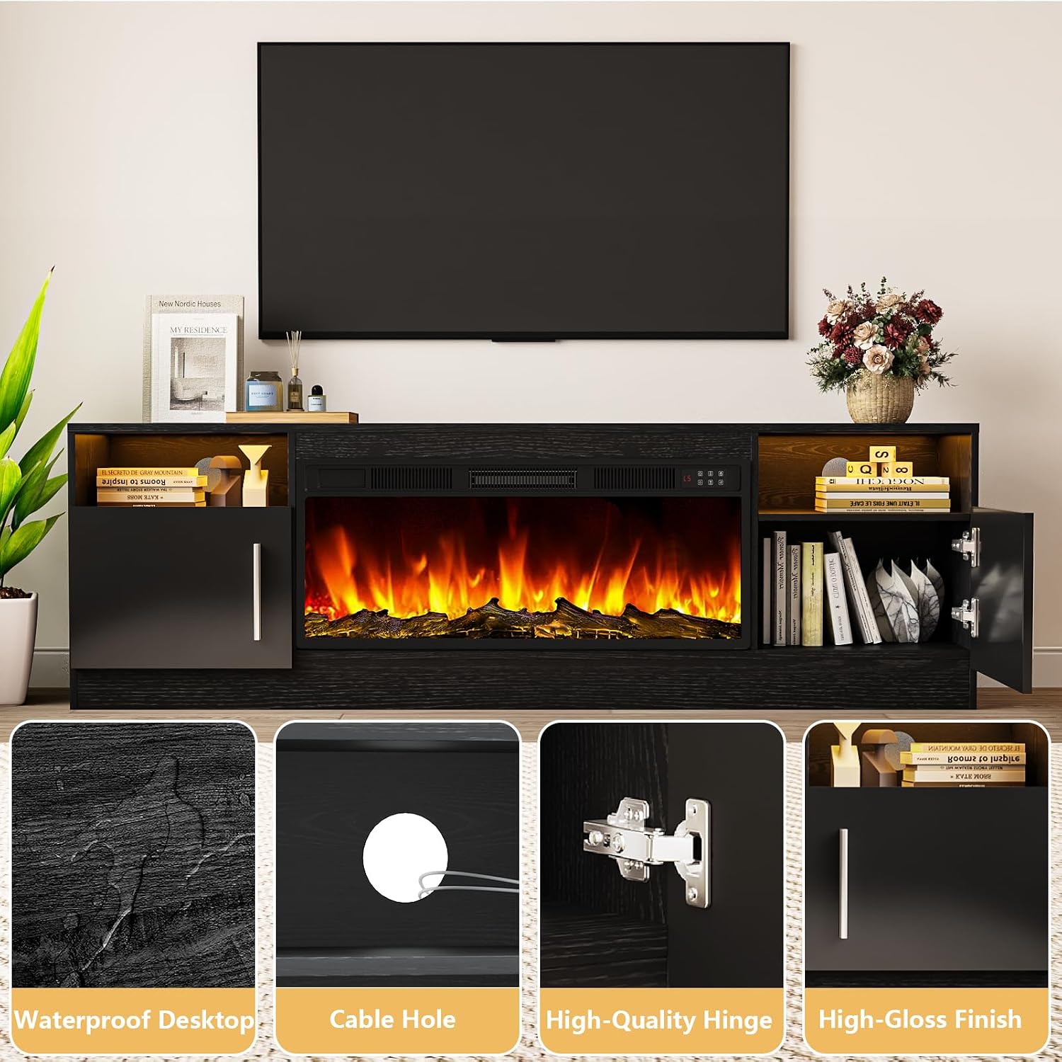 Tavata Fireplace TV Stand Entertainment Center with 36' Fireplace, 70' Wooden TV Stand for TVs Up to 80', Media TV Console with High Gloss Storage Cabinet and 16 Colors LED Lights (Black)
