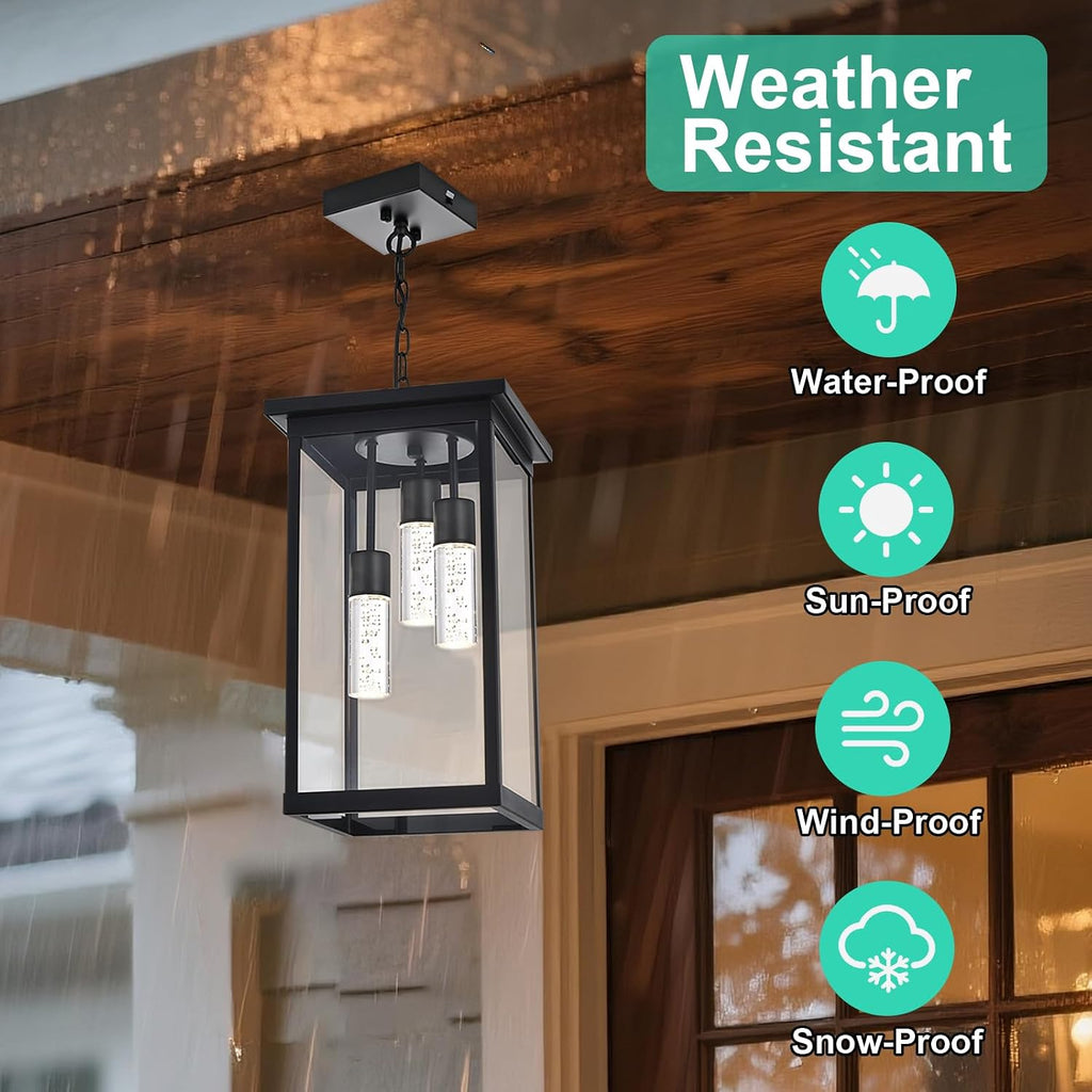 Yaohong 17' Large 5CCT LED Outdoor Pendant Light, 3-Lights Modern Black Hanging Ceiling Fixture with Acrylic Column & Clear Glass, Weatherproof Chandelier for Porch Gazebo Patio Entryway