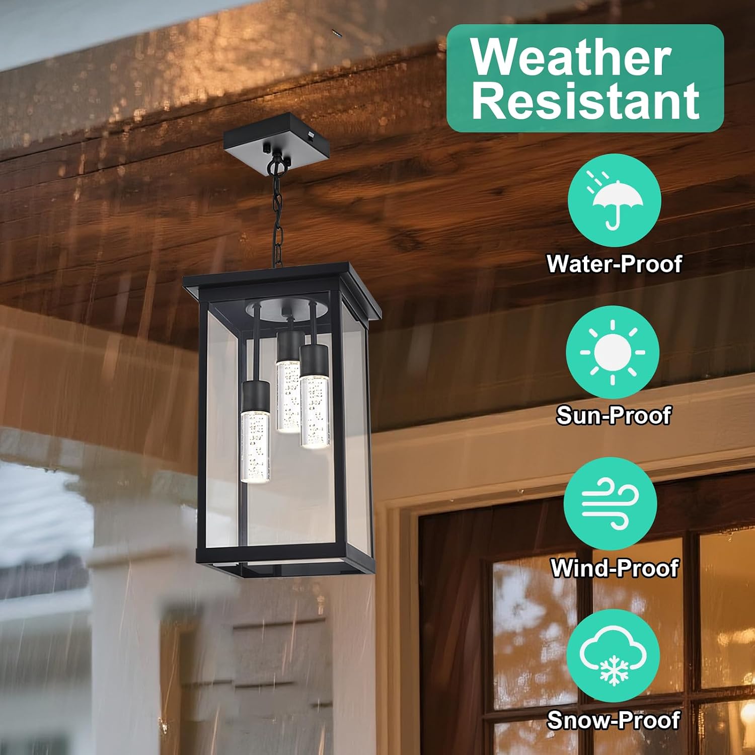 Yaohong 17' Large 5CCT LED Outdoor Pendant Light, 3-Lights Modern Black Hanging Ceiling Fixture with Acrylic Column & Clear Glass, Weatherproof Chandelier for Porch Gazebo Patio Entryway