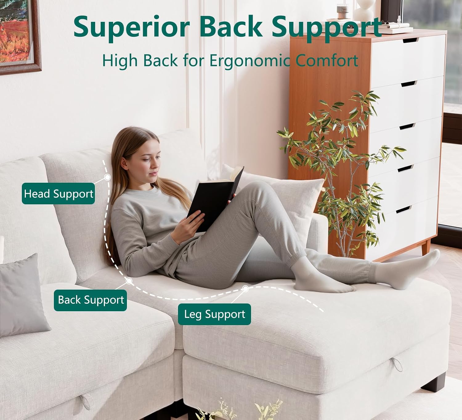 Modular Sectional U Shaped Sofa Couches for Living Room, Cloud Couch with Storage Ottoman, Comfy Chenille Sofa with Pillow, Beige