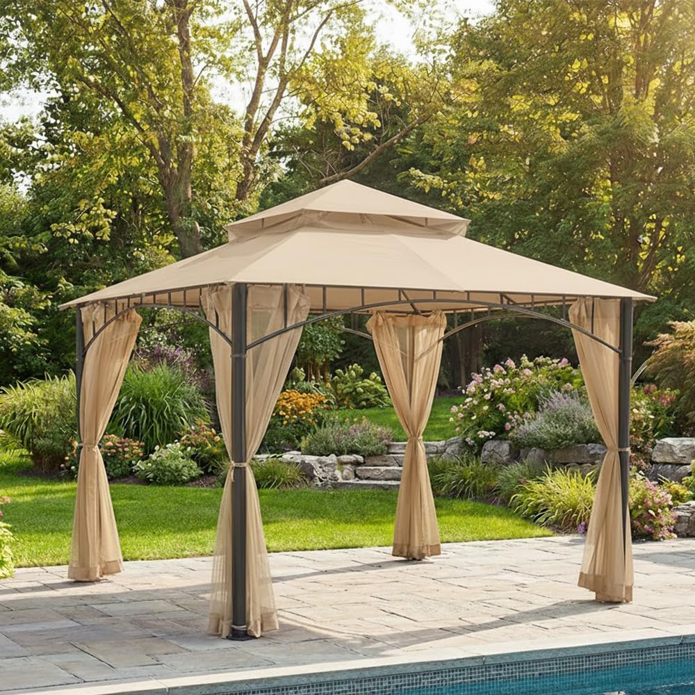 Garden Winds Reinforced RipLock 350 Replacement Canopy Top Cover Compatible with Madaga 10' x 10' Gazebo Models L-GZ136PST, L-GZ136PST-7, L-GZ136PST-2 - Beige