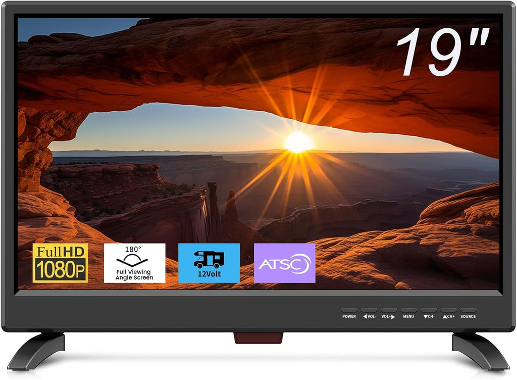Feihe 19 Inch Flat Screen TV Built in Digital ATSC Tuners, 1080p LED TV with HDMI VGA AV USB Port for Kitchen, Bedroom, RV, Caravan, Camping, Outdoor