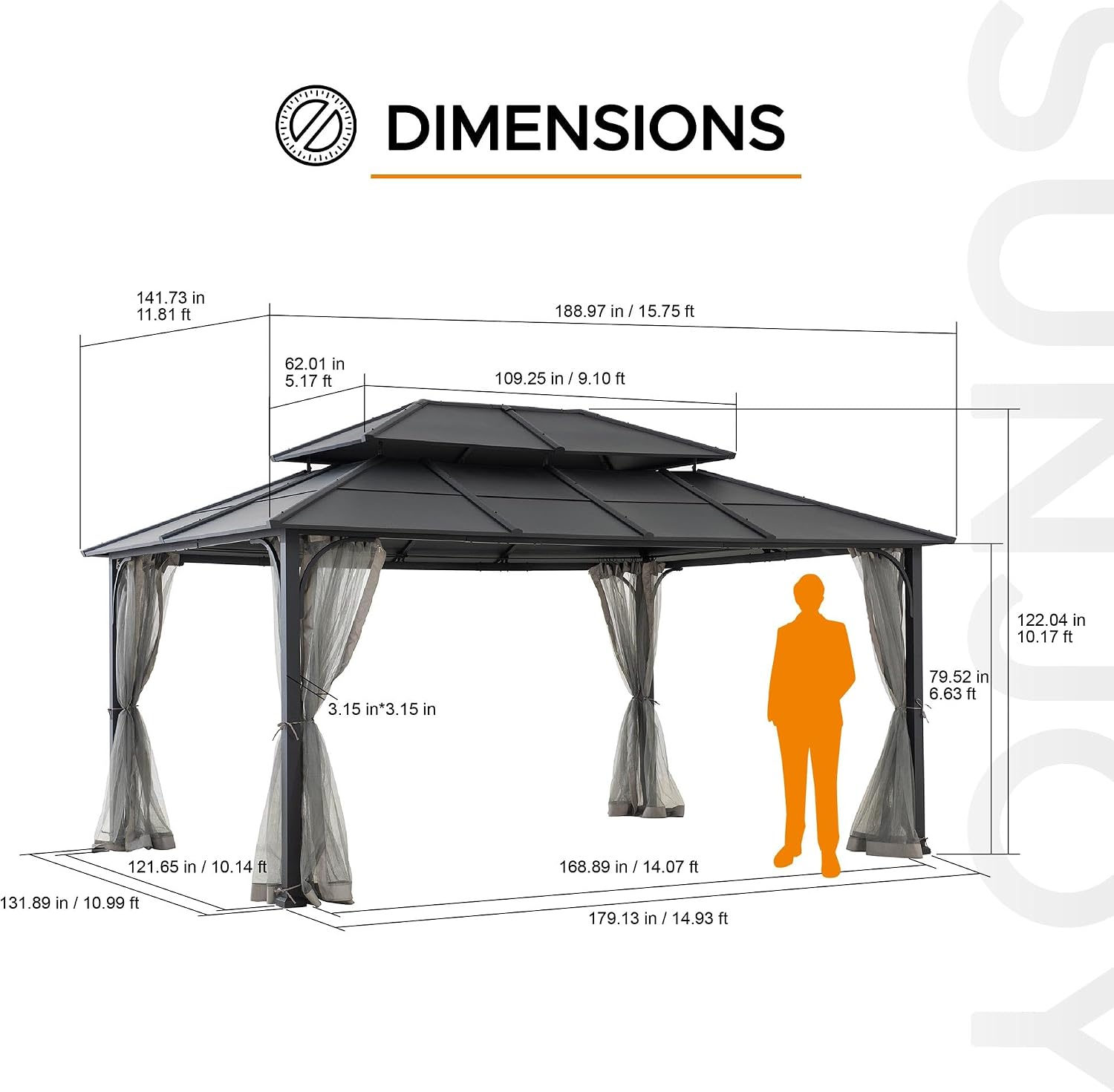 Sunjoy Hardtop Gazebo 12 x 16 ft. Outdoor Gazebo, Heavy Duty Steel Frame Gazebo, Double Tiered Metal Gazebo with Ceiling Hook and Removable Netting Sidewalls, Black