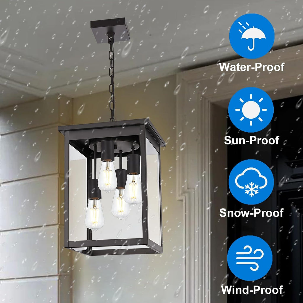4-Light Large Outdoor Pendant Light Fixtures Oil Rubbed Bronze, Adjustable Height Outdoor Ceiling Light, Exterior Hanging Light Fixture for Patio Yard Front, E26 Base Hanging Porch Light