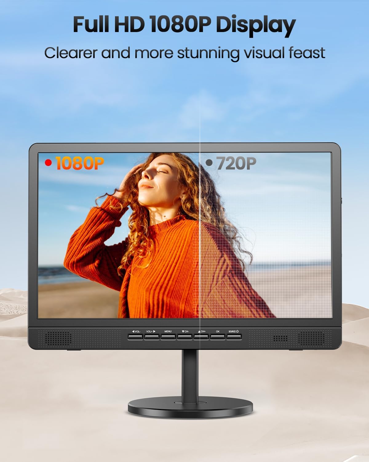 Desobry 18.5' Portable TV with Antenna, 6500mAh Rechargeable Portable Monitor with 1080P HDMI Input, AV Input, USB, Small TV for Travel, Camping, Kitchen, Bedroom, RV, Power Outage
