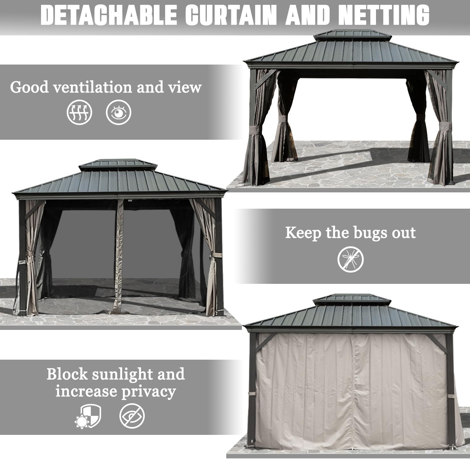 Domi Hardtop Gazebo 10x12FT, Outdoor with Galvanized Steel Double Roof, Metal Gazebo with Drainage System, Detachable Curtain and Netting, Metal Pavilion for Patio Deck Garden, Gray