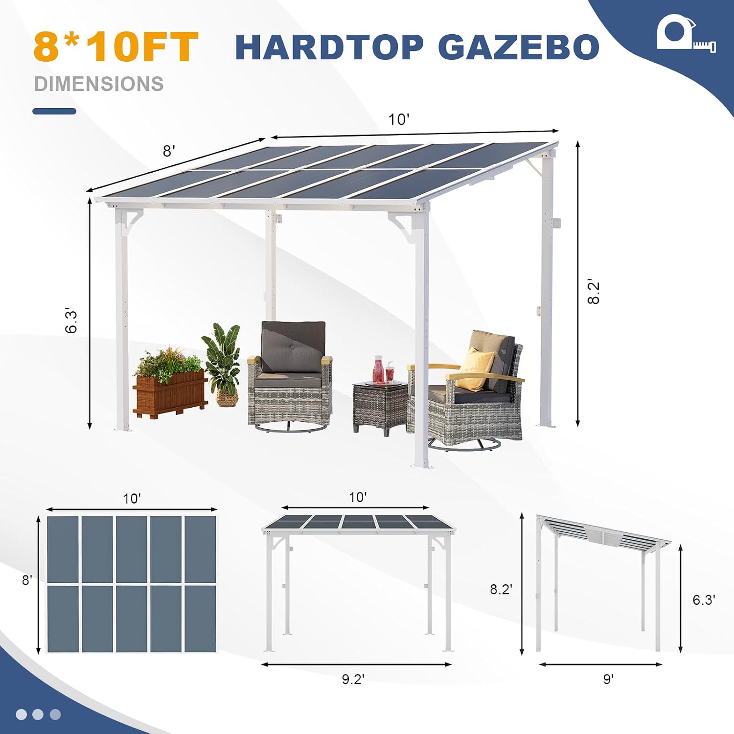 MEISSALIVVE 8' x 10' Wall Mounted Lean to Metal Awnings with Sloped Roof, Outdoor Patio Gazebo Awning for Backyard, Deck, White