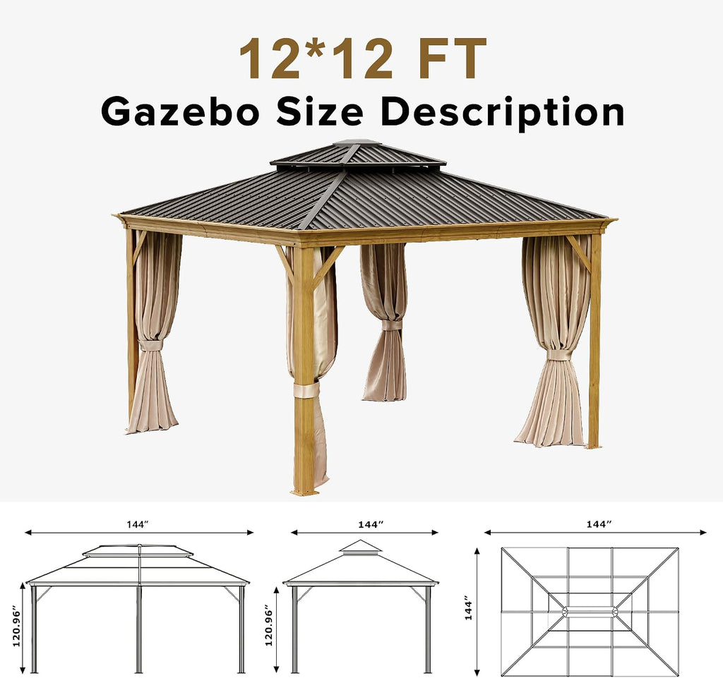 12x12ft Hardtop Gazebo, Wooden Finish Coated Aluminum Frame Canopy with Galvanized Steel Double Roof, Outdoor Permanent Metal Pavilion with Curtains & Netting for Garden, Brown (Wooden 12x12 Ft)