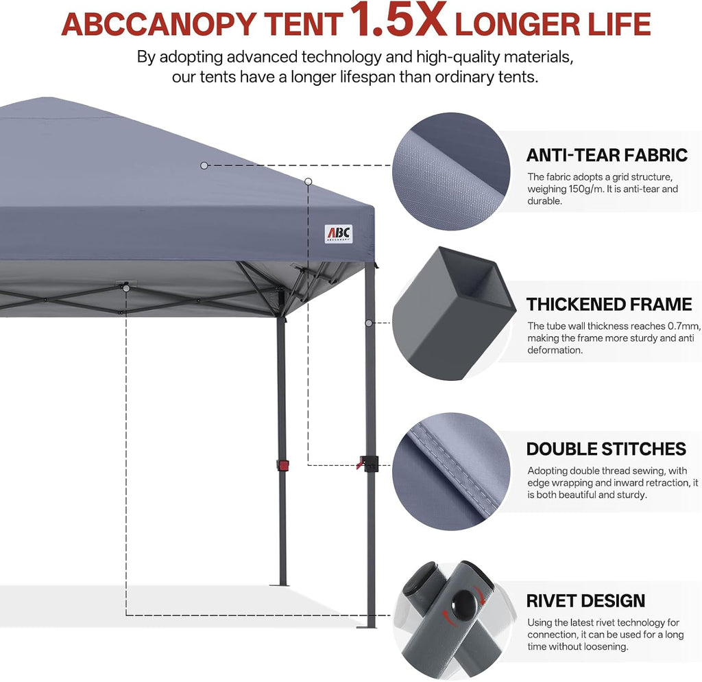 ABCCANOPY 10x10 Pop Up Canopy Tent, Easy Setup Instant Shelter with Wheeled Bag, Heavy Duty Outdoor Canopy for Beach, Market, Backyard, UV Protection, Outdoor Weather Protection (Light Gray, 10x10)