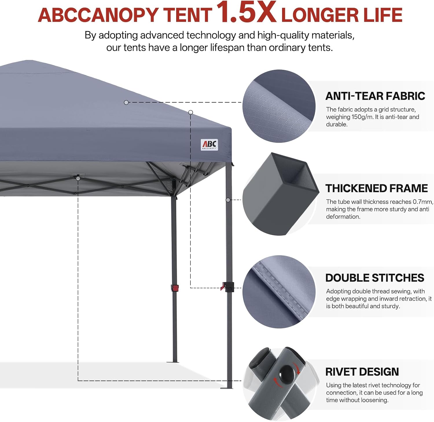 ABCCANOPY 10x10 Pop Up Canopy Tent, Easy Setup Instant Shelter with Wheeled Bag, Heavy Duty Outdoor Canopy for Beach, Market, Backyard, UV Protection, Outdoor Weather Protection (Light Gray, 10x10)