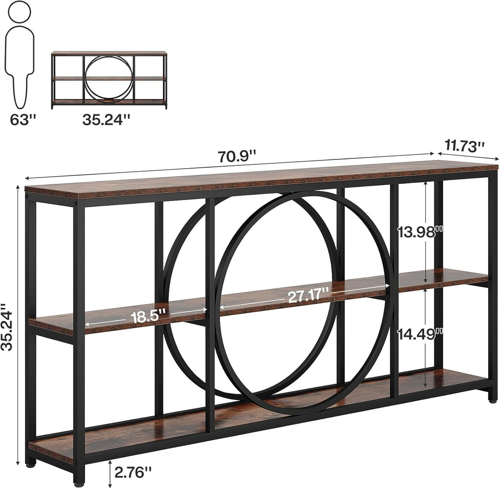 Tribesigns Extra Long Console Table, 70.9 inch Narrow Sofa Tables with 3 Tier Wood Storage Shelves Industrial Metal Frame for Entryway Hallway Living Room Behind Couch, Rustic Brown Black