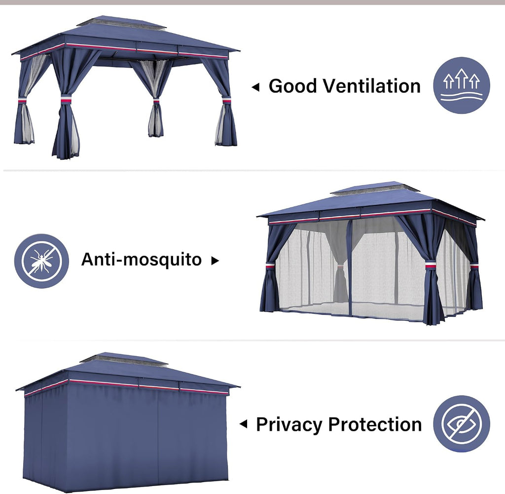 LAUSAINT HOME 10'x13' Outdoor Gazebo, Metal Frame Heavy Duty Patio Canopy Tent Shelter with Double Roofs, Mosquito Nettings and Privacy Screens for Backyard, Garden, Lawn, Classic Blue