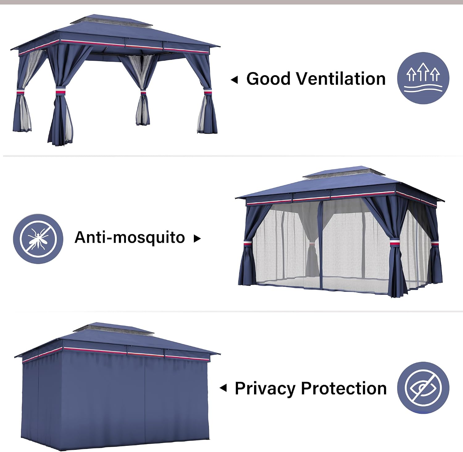 LAUSAINT HOME 10'x13' Outdoor Gazebo, Metal Frame Heavy Duty Patio Canopy Tent Shelter with Double Roofs, Mosquito Nettings and Privacy Screens for Backyard, Garden, Lawn, Classic Blue