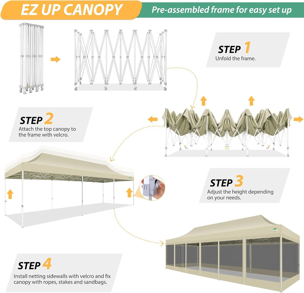 COBIZI 10x30 Pop Up Canopy with Sidewalls, Heavy Duty Canopy with Mosquito Netting, Easy up Screen Party Tents for Parties Backyard Outdoor Commercial Event Gazebo with Roller Bag, Sandbags, Khaki
