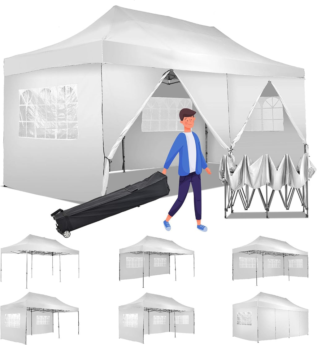GDY 10'x20' Pop Up Canopy, Folding Party Tent with 6-Panel Removable Sidewalls, Heavy Duty Outdoor Commercial Instant Gazebo with Wheeled Bag, White.