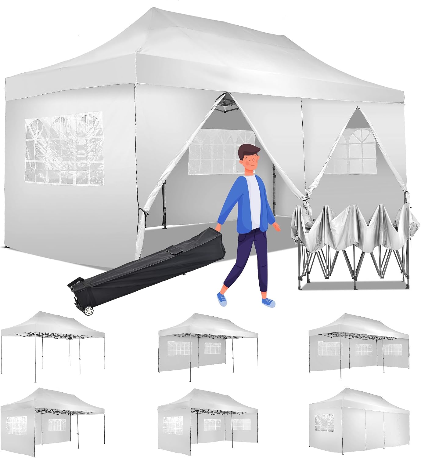GDY 10'x20' Pop Up Canopy, Folding Party Tent with 6-Panel Removable Sidewalls, Heavy Duty Outdoor Commercial Instant Gazebo with Wheeled Bag, White.
