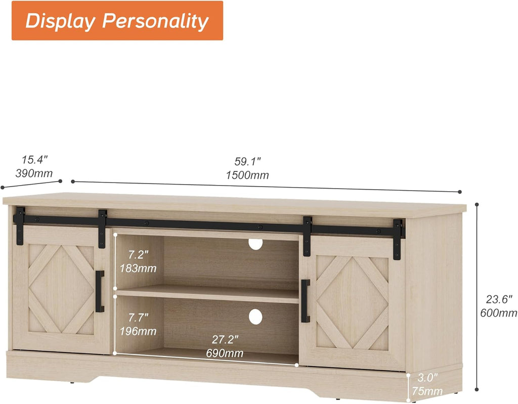 WAMPAT Modern Farmhouse TV Stand for TVs up to 65' with Sliding Barn Doors, 23.6' H Wood Entertainment Center with Adjustable Media Storage Shelf for Living Room, Beige Wood