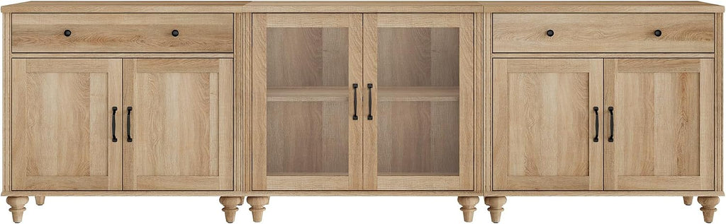 WAMPAT Farmhouse TV Stand for 100 Inch TV, 3-in-1 TV Console Table for 75/80/85/90 Inch TV, Entertainment Center with Glass & Wood Door, Kitchen Sideboard Buffet Cabinet for Dining Room, Oak