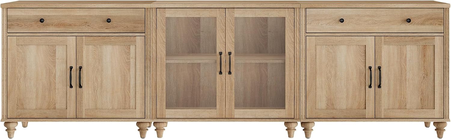 WAMPAT Farmhouse TV Stand for 100 Inch TV, 3-in-1 TV Console Table for 75/80/85/90 Inch TV, Entertainment Center with Glass & Wood Door, Kitchen Sideboard Buffet Cabinet for Dining Room, Oak
