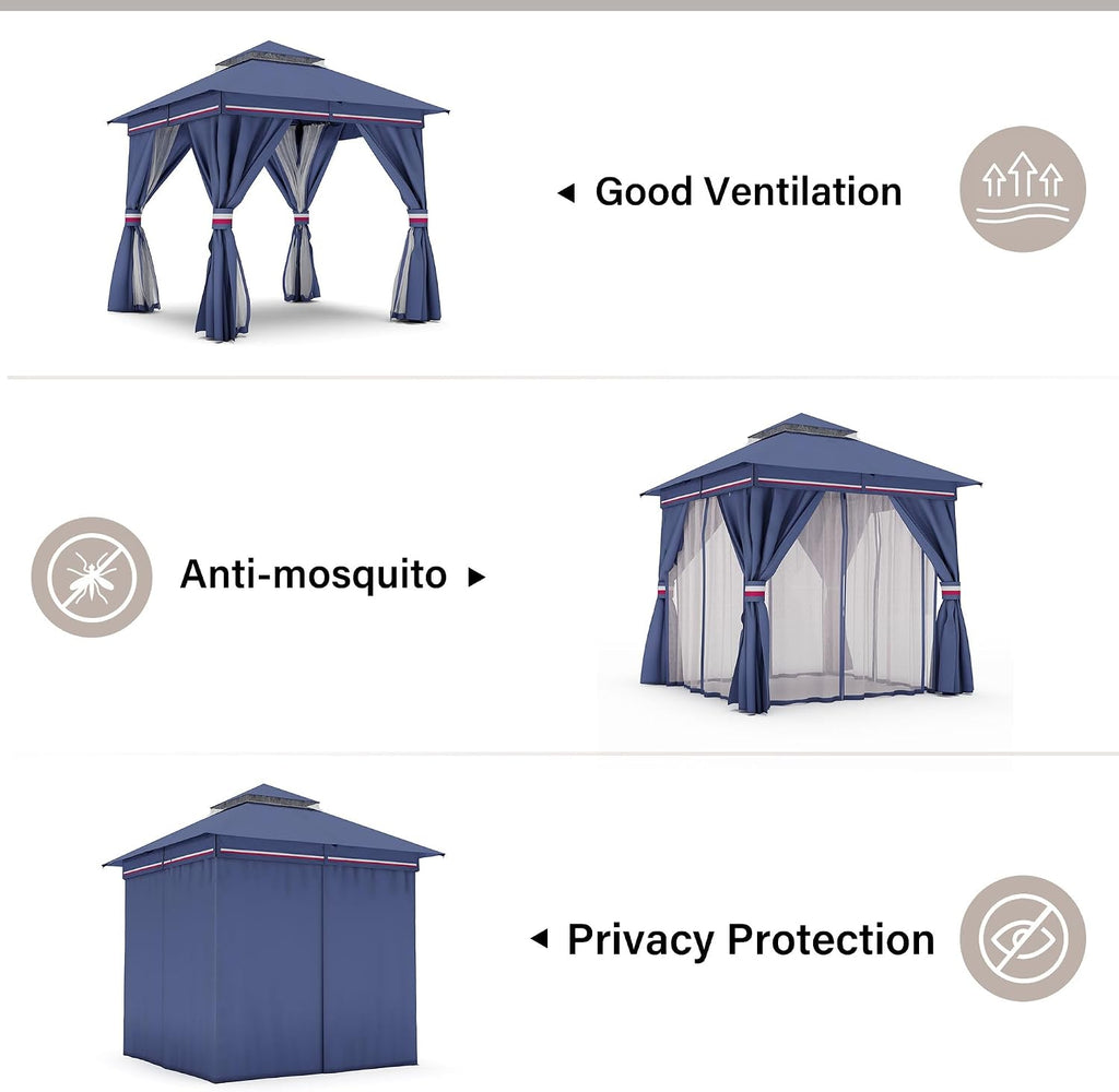 LAUSAINT HOME 8'x8' Outdoor Gazebo with 50FT String Lights, Metal Heavy Duty Patio Canopy Tent with Double Roofs, Mosquito Nettings and Privacy Screens for Backyard, Garden, Lawn, Classic Blue