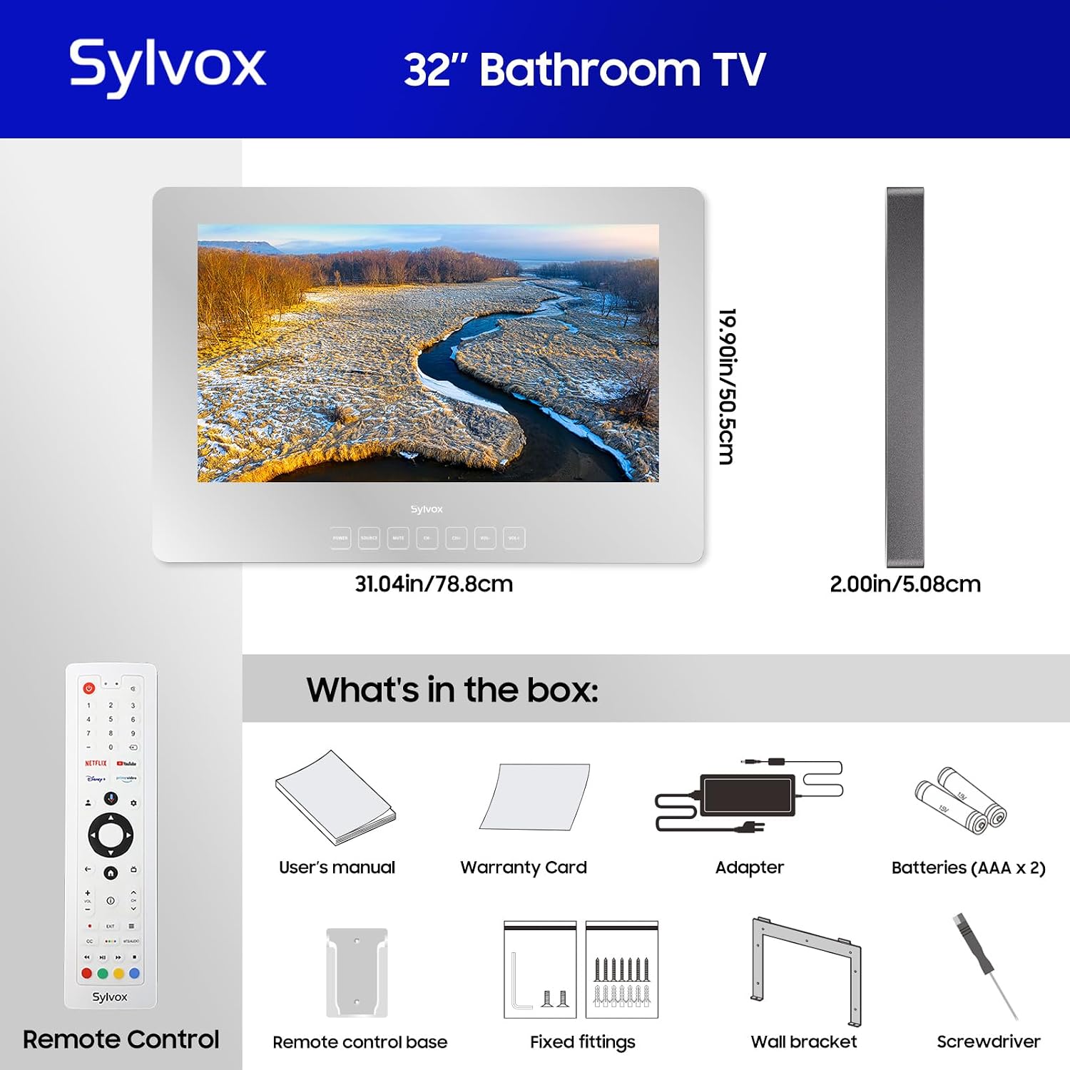 SYLVOX Bathroom TV, 32 inch Smart Mirror TV for Bathroom Shower SPA, Support Google, 1080P IP66 Waterproof Touch Button WiFi Bluetooth Google Assistant, Smart TVs for Indoor Humid Environment